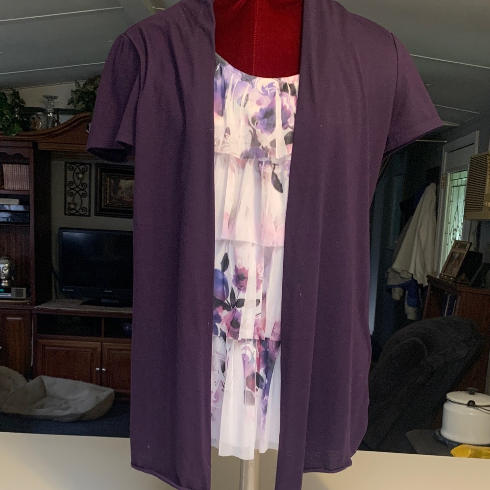 PerSeption Concept Purple and White Ruffled Blouse w/Cardigan